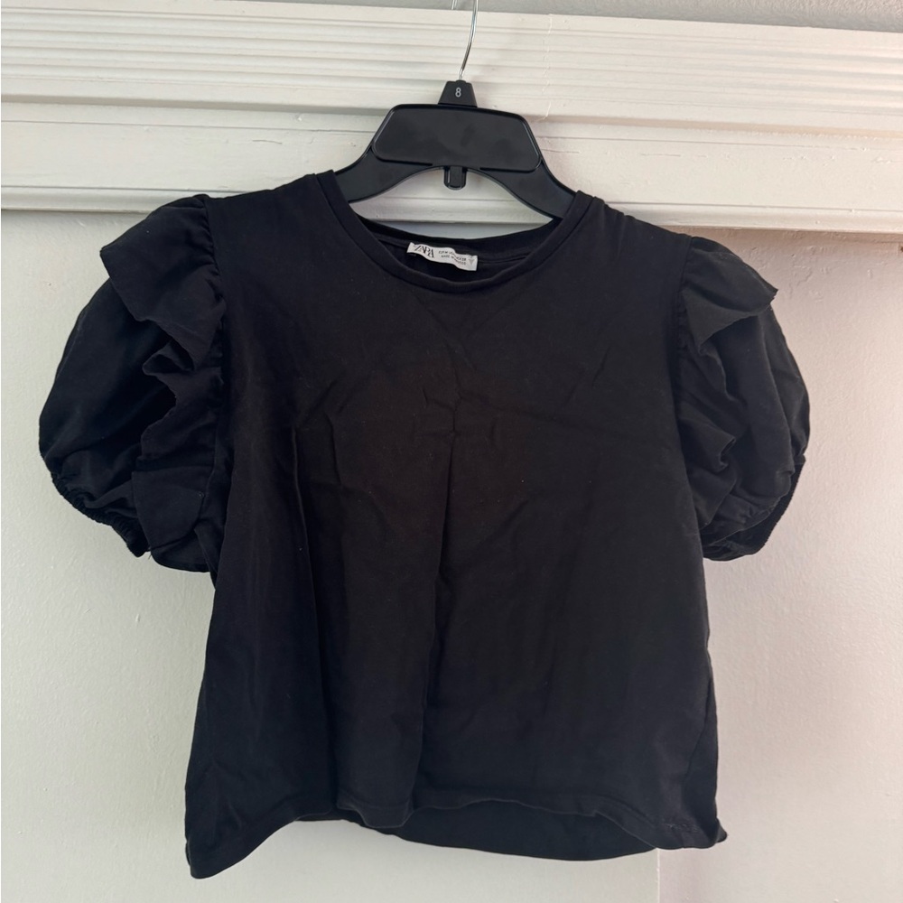 Zara Black Medium Woman Ruffles Short Sleeve Top